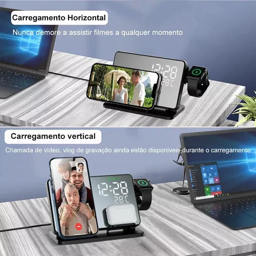Carregador sem fio 3 em 1 para iphone 15, 14, 13 ,12 pro max estação de carregamento sem fio para apple watch carregador suporte com despertador