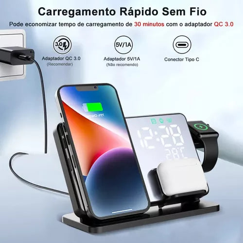 Carregador sem fio 3 em 1 para iphone 15, 14, 13 ,12 pro max estação de carregamento sem fio para apple watch carregador suporte com despertador