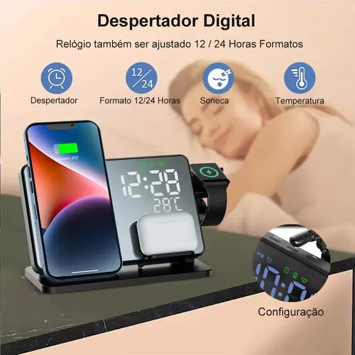 Carregador sem fio 3 em 1 para iphone 15, 14, 13 ,12 pro max estação de carregamento sem fio para apple watch carregador suporte com despertador