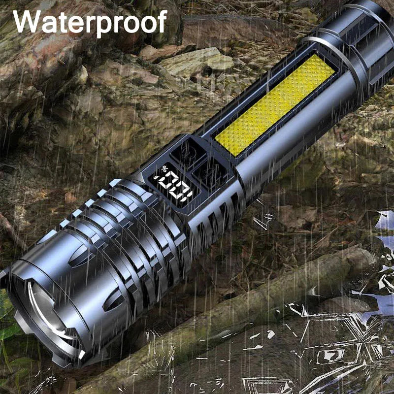 Lanterna LED recarregável de alta potência, lanterna LED muito forte com luz lateral para acampamentos e caminhadas ao ar livre