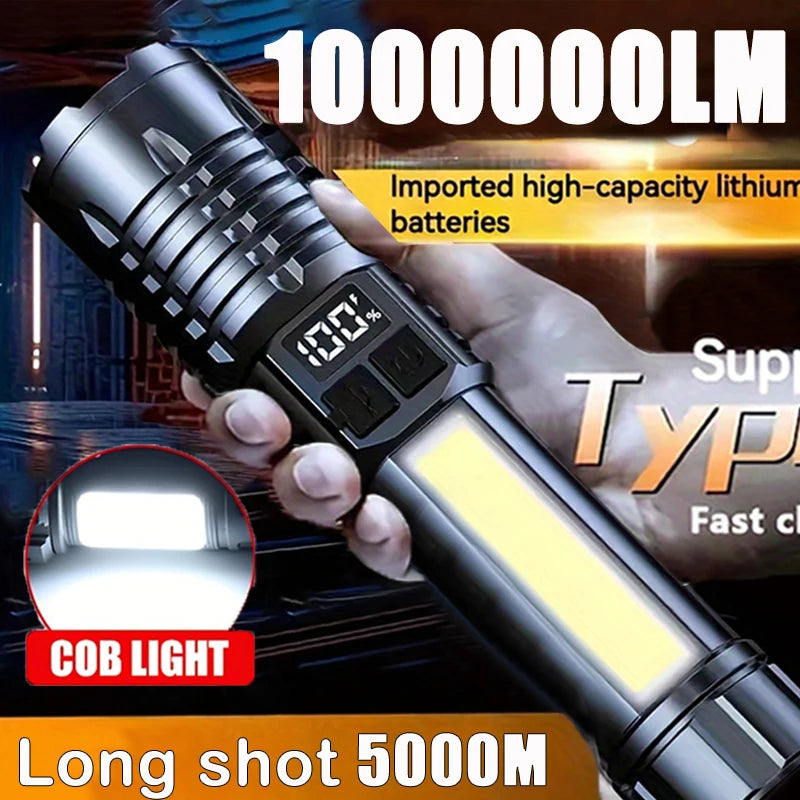 Lanterna LED recarregável de alta potência, lanterna LED muito forte com luz lateral para acampamentos e caminhadas ao ar livre