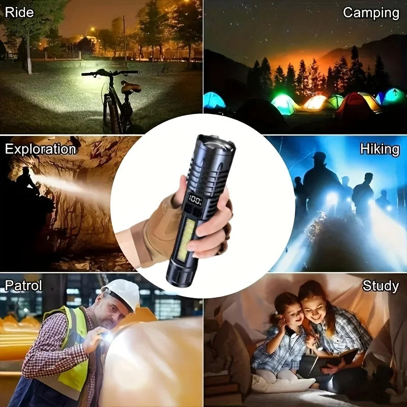 Lanterna LED recarregável de alta potência, lanterna LED muito forte com luz lateral para acampamentos e caminhadas ao ar livre